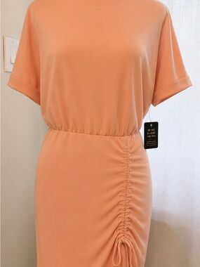 Peach Short-Sleeve Ruched Midi Dress